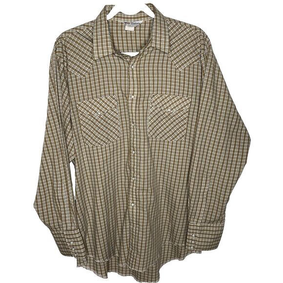 Vintage DALES Shirt Plaid Pearl Snap Long Sleeve Western Cowboy Mens L Brown USA - Picture 2 of 9